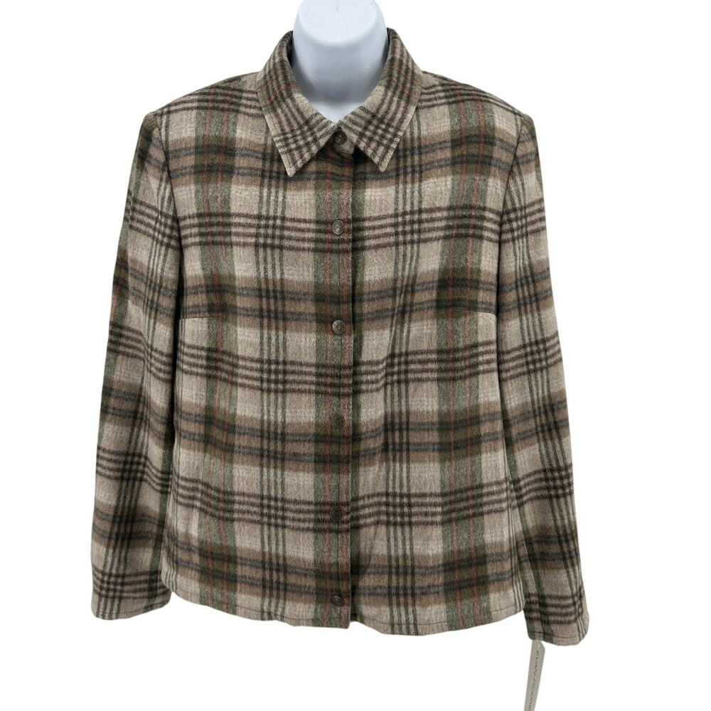 Evan Picone Shacket WMNS 14 Brown Wool Blend Plaid Flannel Button Up Coat Jacket